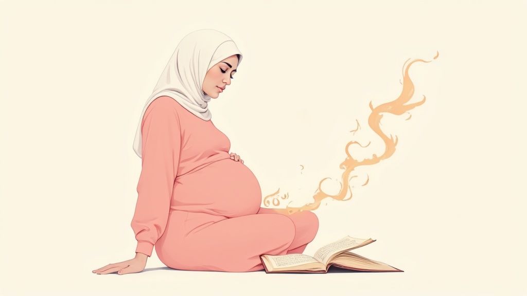 A pregnant Muslim woman in a hijab sits peacefully on the floor, reading a book with golden wisps rising.