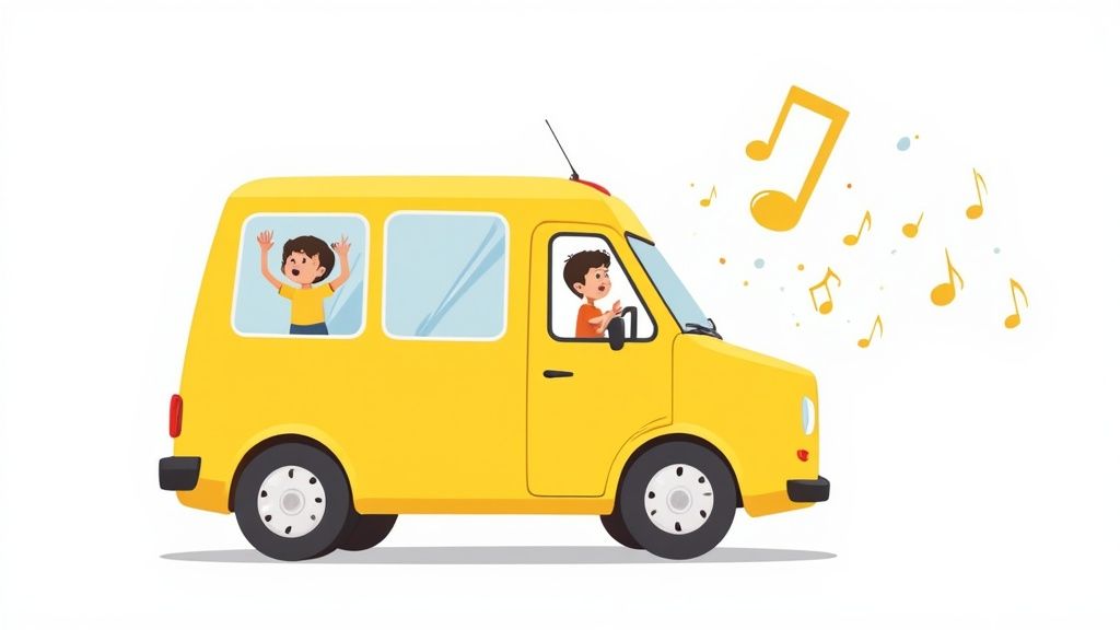 Two happy children singing and playing music in a bright yellow cartoon van.
