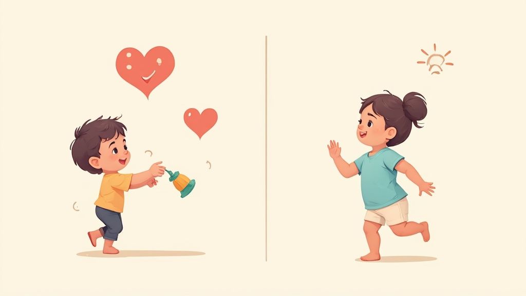 A toddler pointing at a tablet screen showing a cartoon, with a parent looking on thoughtfully.