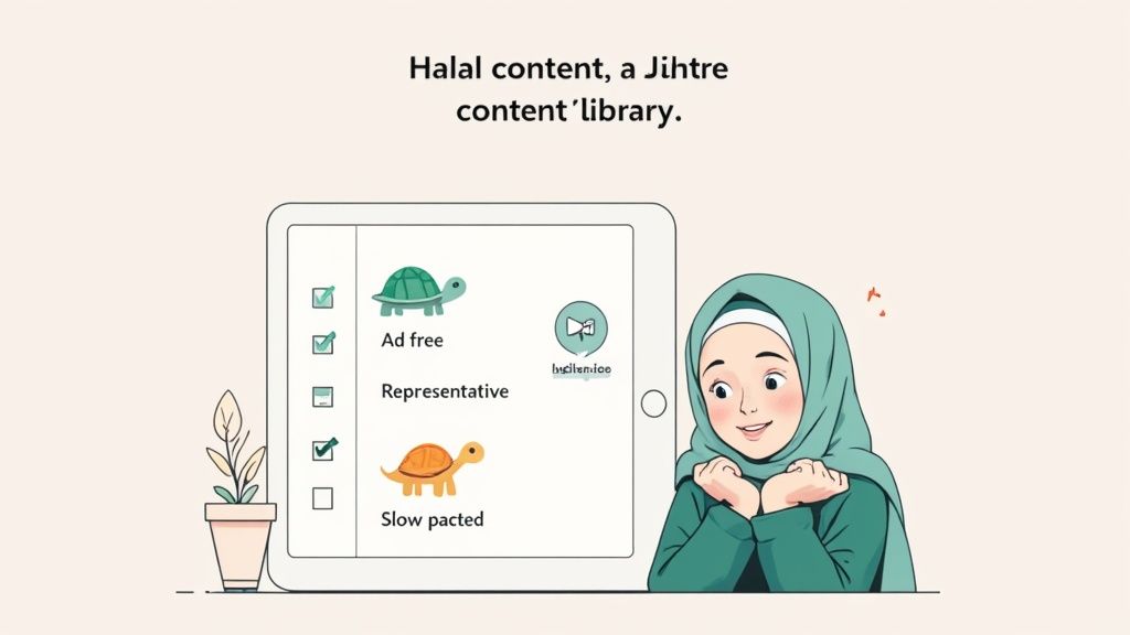 Muslim woman in hijab viewing halal content library on tablet with turtle icons representing content speed