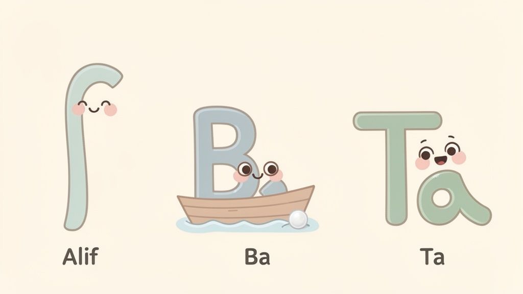 Three cute cartoon Arabic letters Alif, Ba, and Ta with smiling faces, for learning.