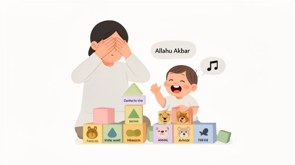 An adult and baby playing peek-a-boo with colorful educational blocks, baby smiling.