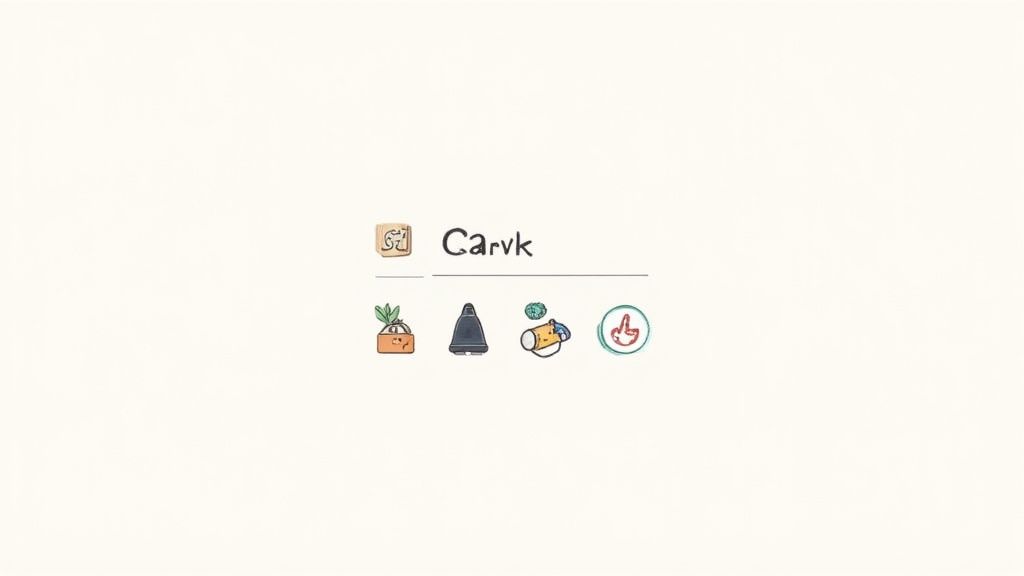 Four playful cartoon icons below a 'Carvk' title: a potted plant, a black cone, a tube, and a thumbs-up hand.