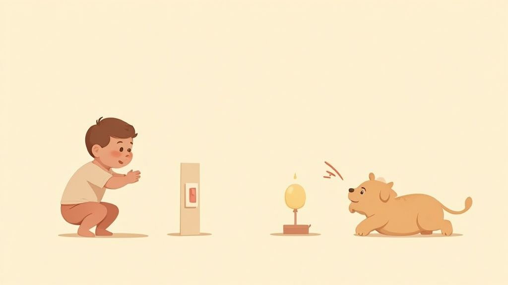 A young boy crouches before a light switch, activating a lamp that elicits a reaction from a dog.