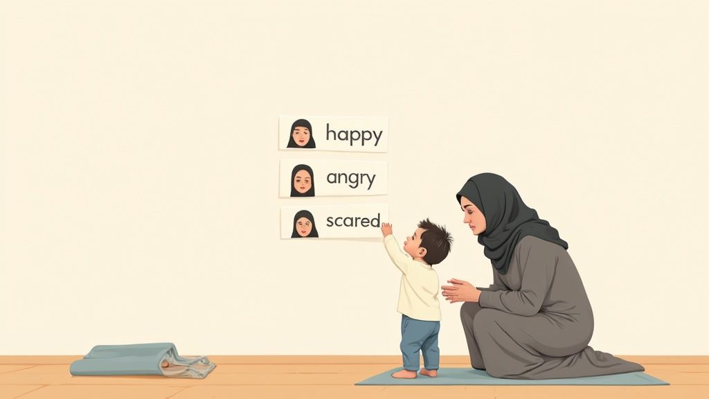 A woman and a child learn emotions from flashcards displaying happy, angry, and scared faces.