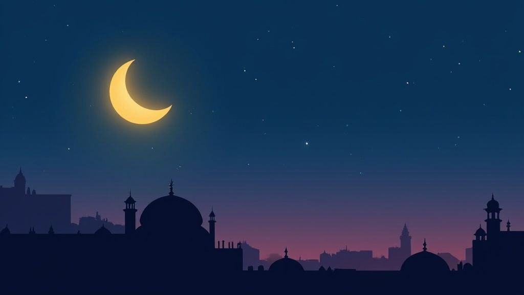 A beautiful night scene with a bright crescent moon, stars, and a silhouetted mosque skyline.