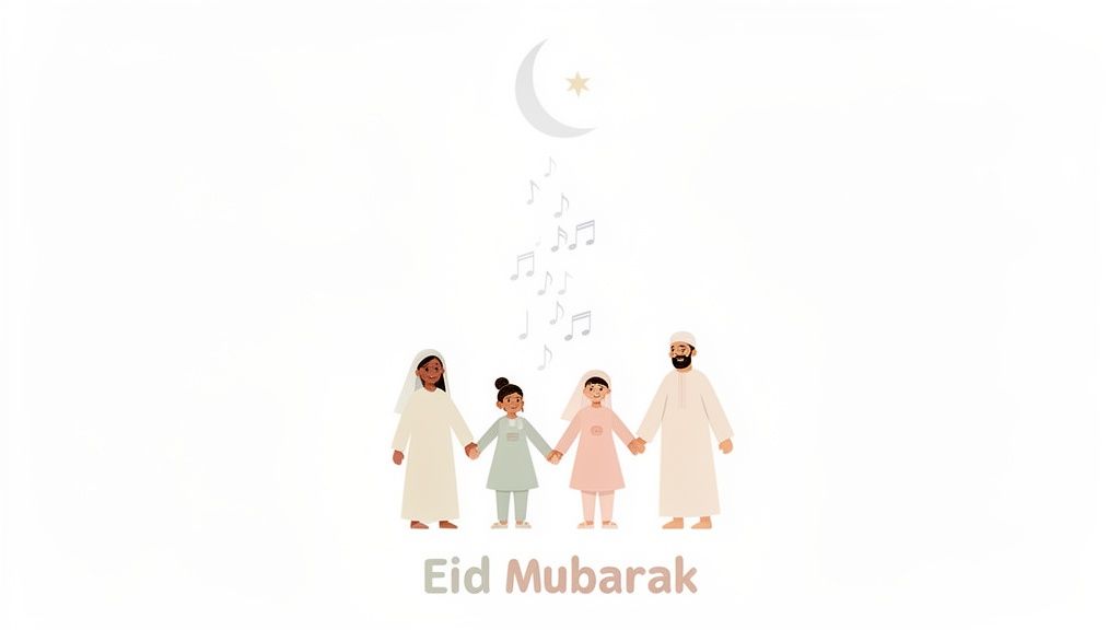 A Muslim family holding hands celebrating Eid Mubarak under a crescent moon and star with musical notes.