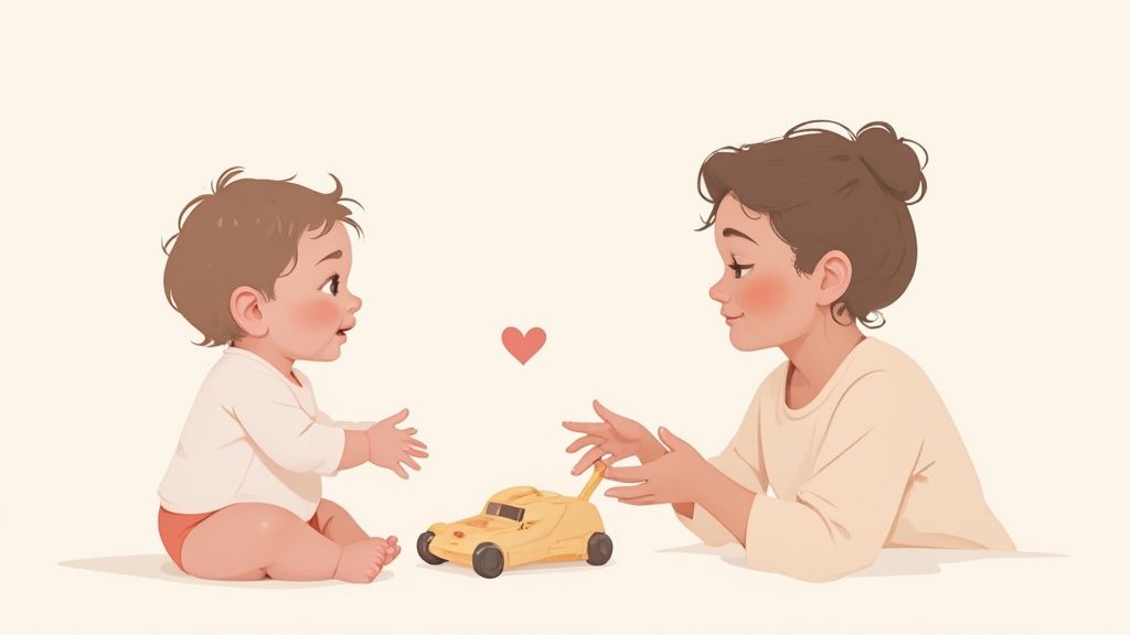Warm illustration of a mother and baby playing with a toy car, showing love.