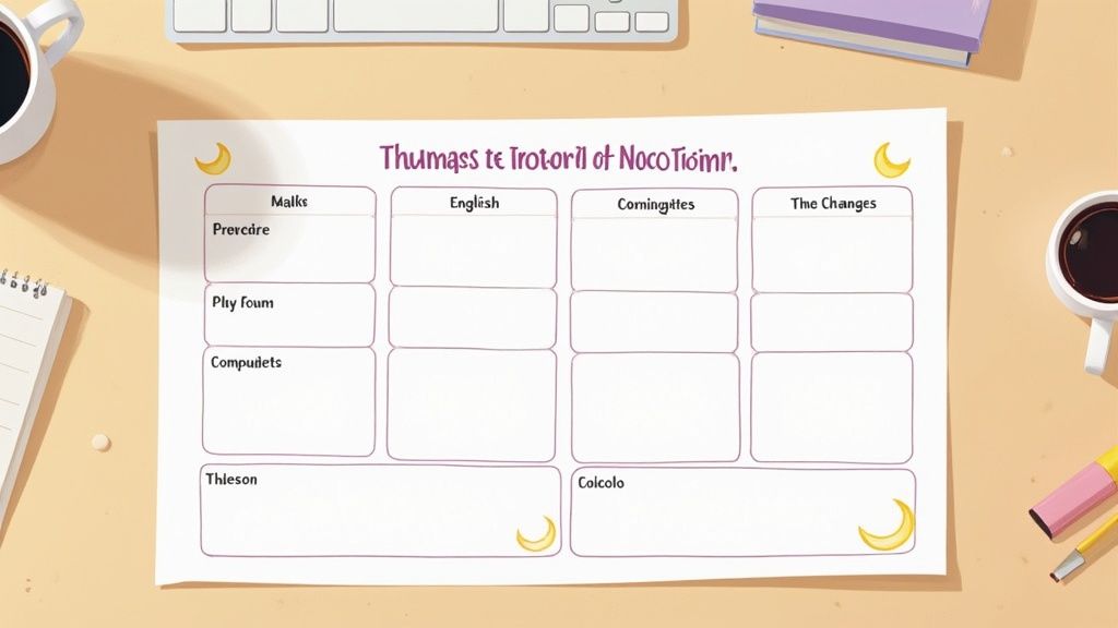 A blank printable schedule template with categories like 'Malks' and 'English' on a desk with coffee.