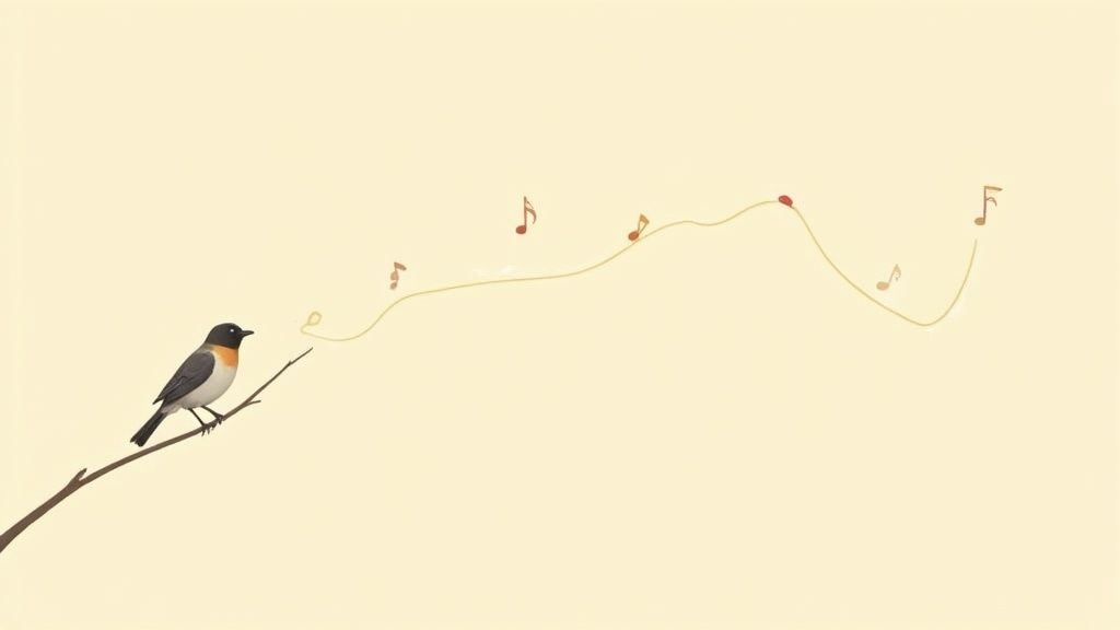 A small bird on a branch sings, its song represented by musical notes and a wavy line.