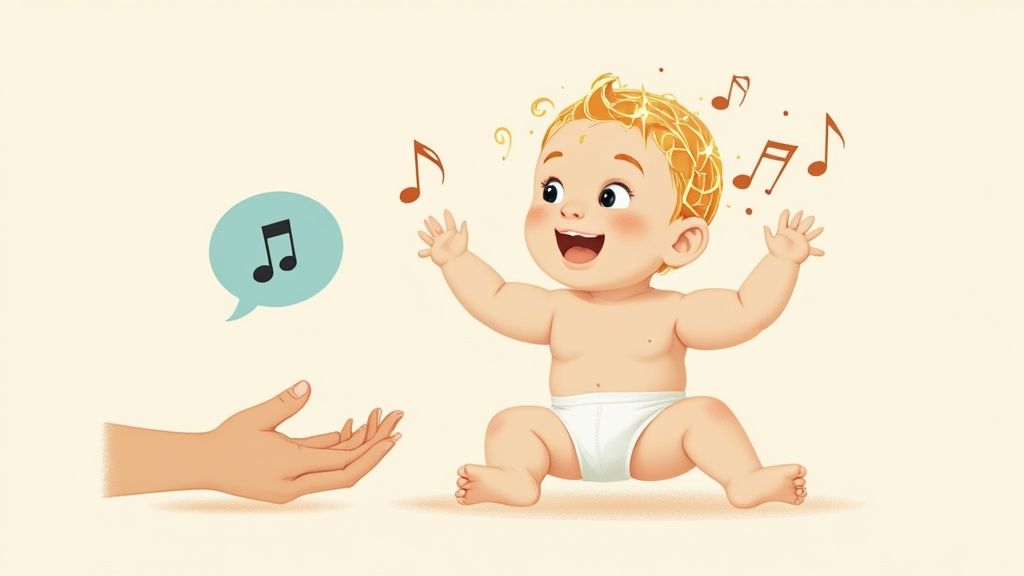 A joyful baby in a diaper reacting happily to music, with a hand reaching out.