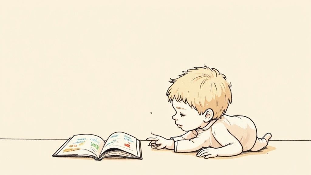 A Muslim mother and her young daughter sit on the floor, smiling as they read an Islamic board book together.