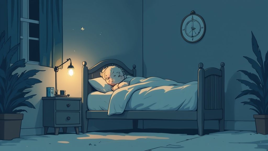 A peaceful baby sleeps soundly in a bed at night, illuminated by a warm bedside lamp.