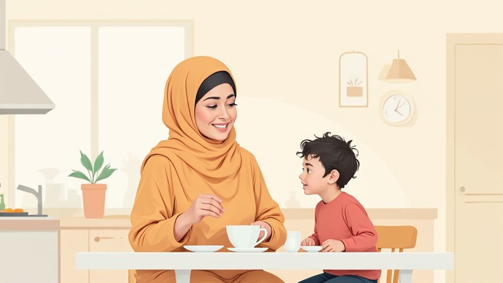 A smiling mother in a hijab engages in a happy conversation with her young son.