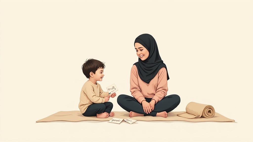A Muslim mother and child sit on a mat, smiling while learning with flashcards.