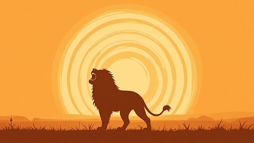 A powerful lion silhouette roars against a vibrant orange sunset with swirling light and savanna grass.
