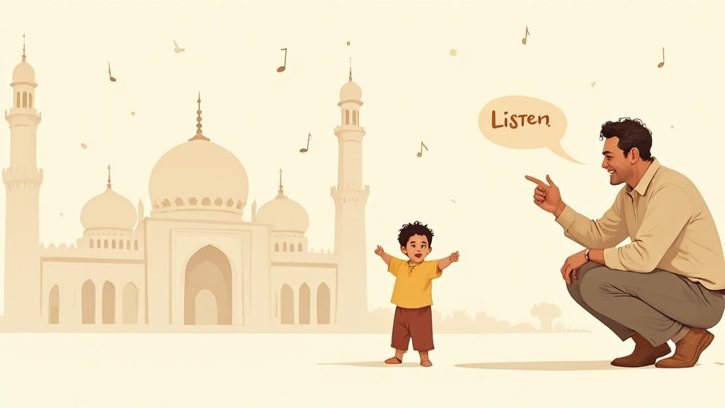 A father teaching his child to listen to the call to prayer near a mosque.