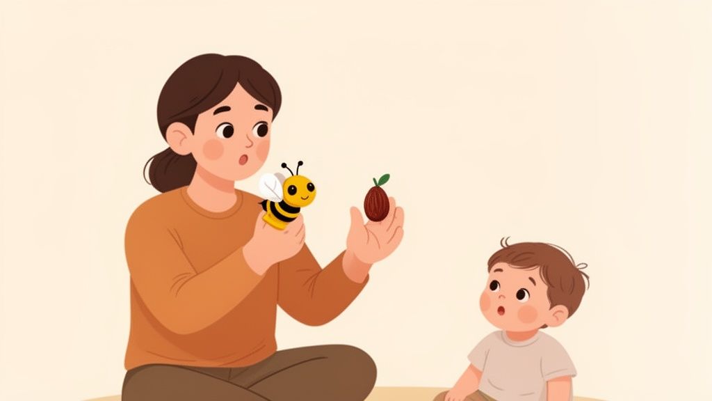 A caregiver shows a curious toddler a bee finger puppet and a fruit object.