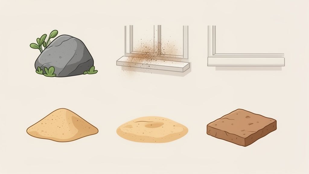 An illustration of a rock, two types of sand, a block of soil, and window sills, one dirty and one clean.