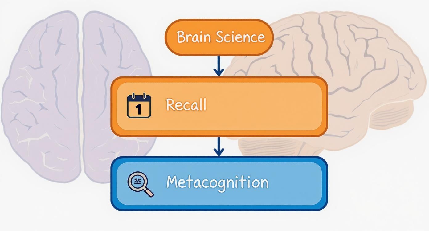 Infographic showing a decision tree for brain science with icons for Recall, Repetition, and Metacognition.