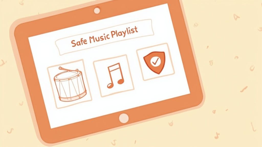 A cartoon tablet displays a 'Safe Music Playlist' with icons for drum, music note, and a security shield.