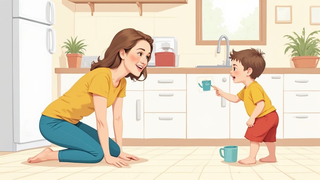 A joyful mother and child engage in a learning activity with a cup flash card in a bright kitchen.
