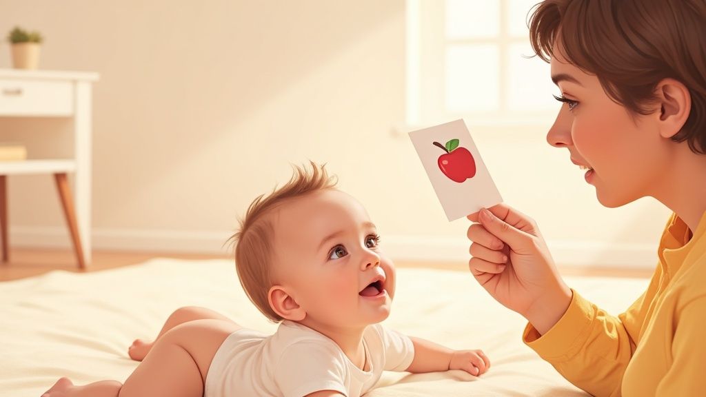 A happy baby on a blanket looks up at a woman showing an apple flashcard.