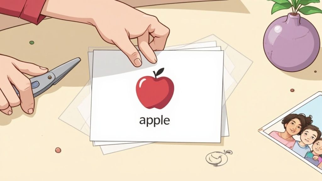 Close-up of hands holding an 'apple' flash card, scissors, and a family photo on a table.