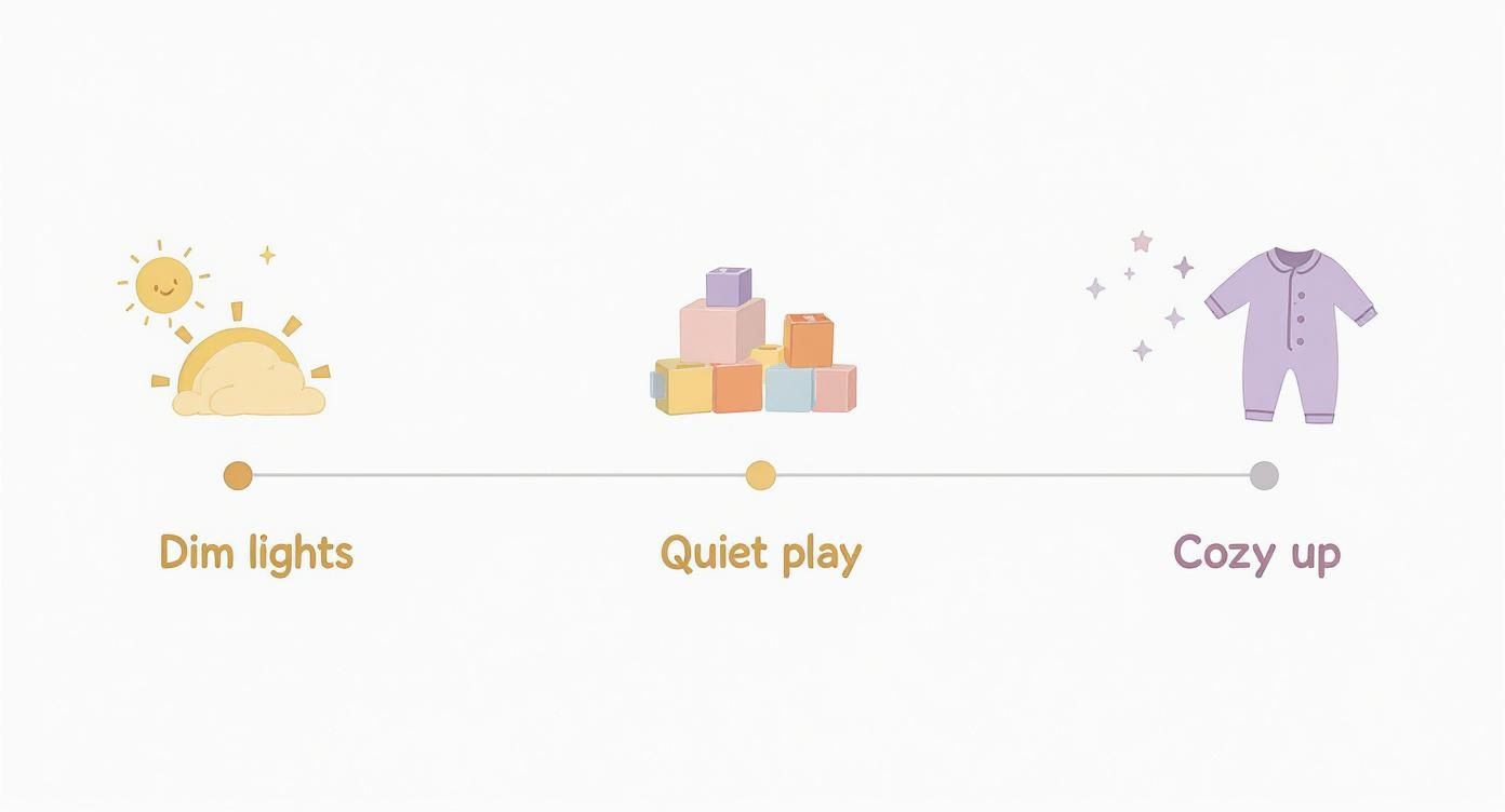 A visual guide illustrating a three-step bedtime routine for toddlers: dim lights, quiet play with blocks, and cozying up in sleepwear.