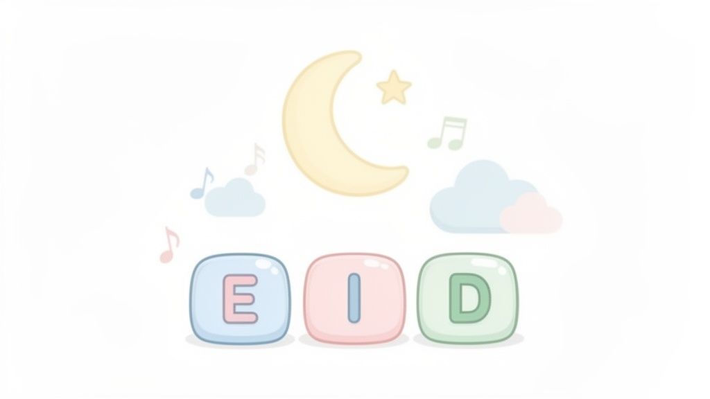 Pastel cartoon illustration of Eid celebration with a crescent moon, star, music notes, and EID blocks.