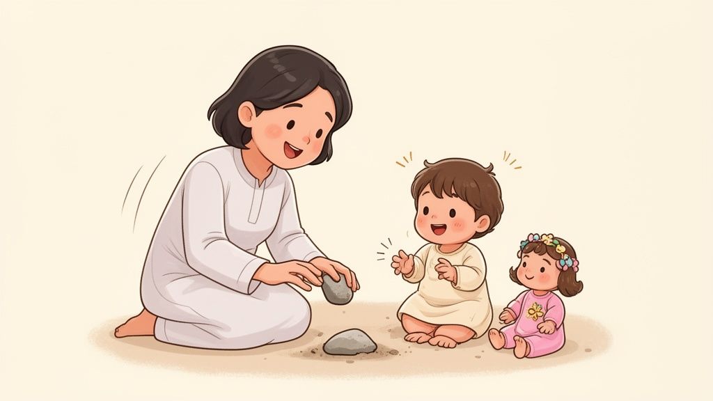 A smiling woman teaches two happy children about rocks while sitting on the ground.