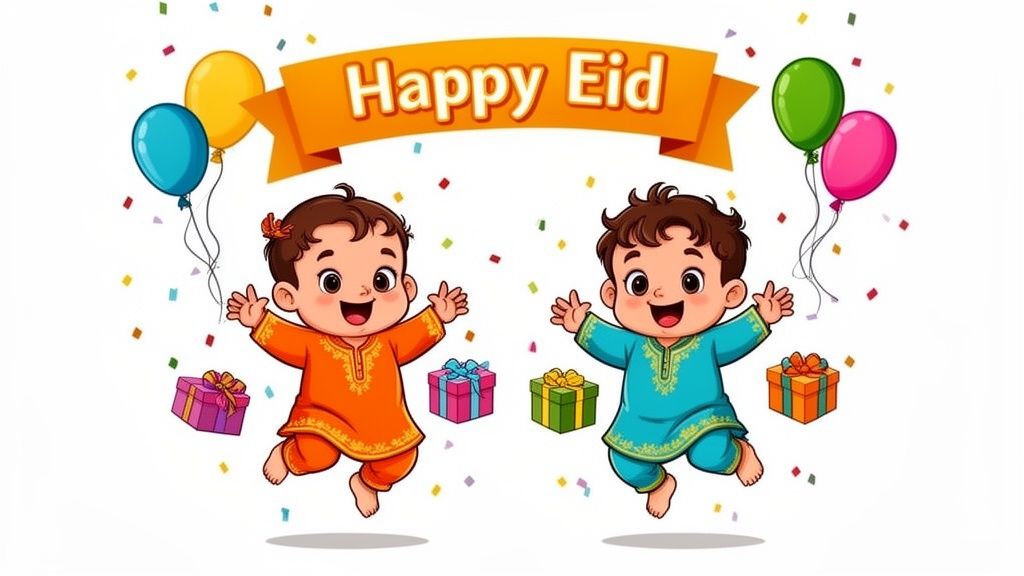 Two cheerful cartoon children jumping, surrounded by balloons, gift boxes, and confetti, celebrating Happy Eid.