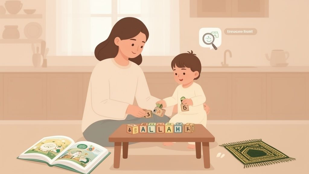 A mother and child happily play with alphabet blocks spelling "ALLAH" on a small table.