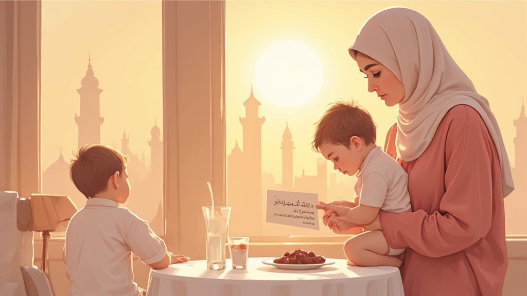 A family happily sharing a meal during Ramadan, symbolizing the joy of iftar.