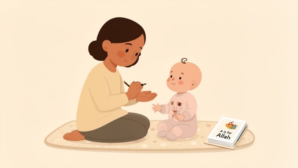 Illustration of a woman teaching a baby, holding a pen, next to an 'A is for Allah' book.