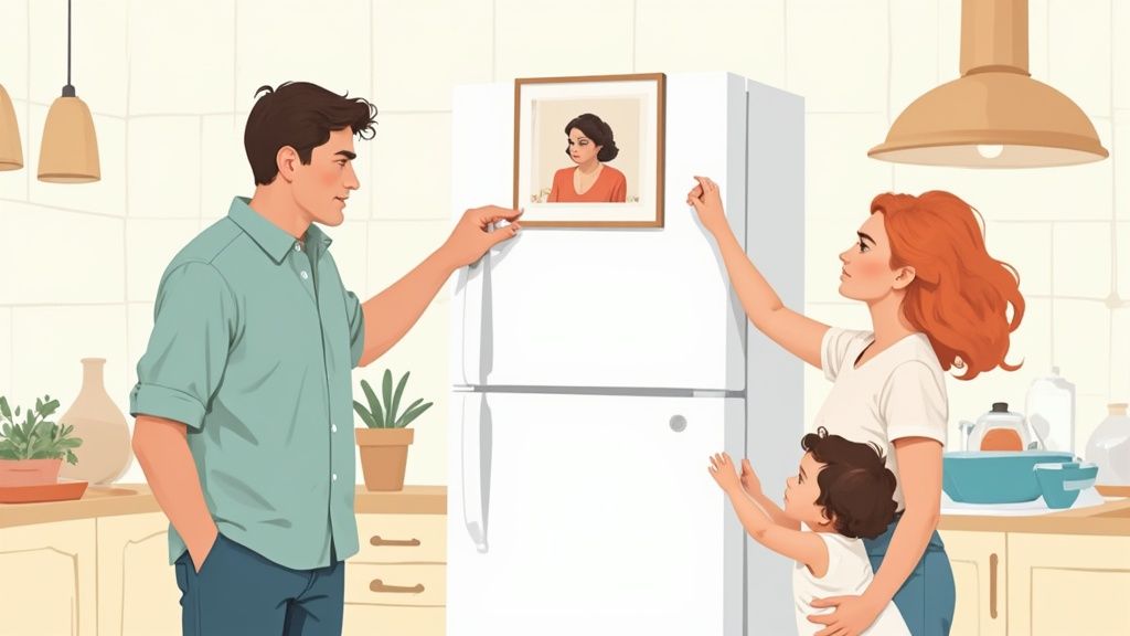 A family in a kitchen, a man and woman placing a framed picture on a refrigerator.