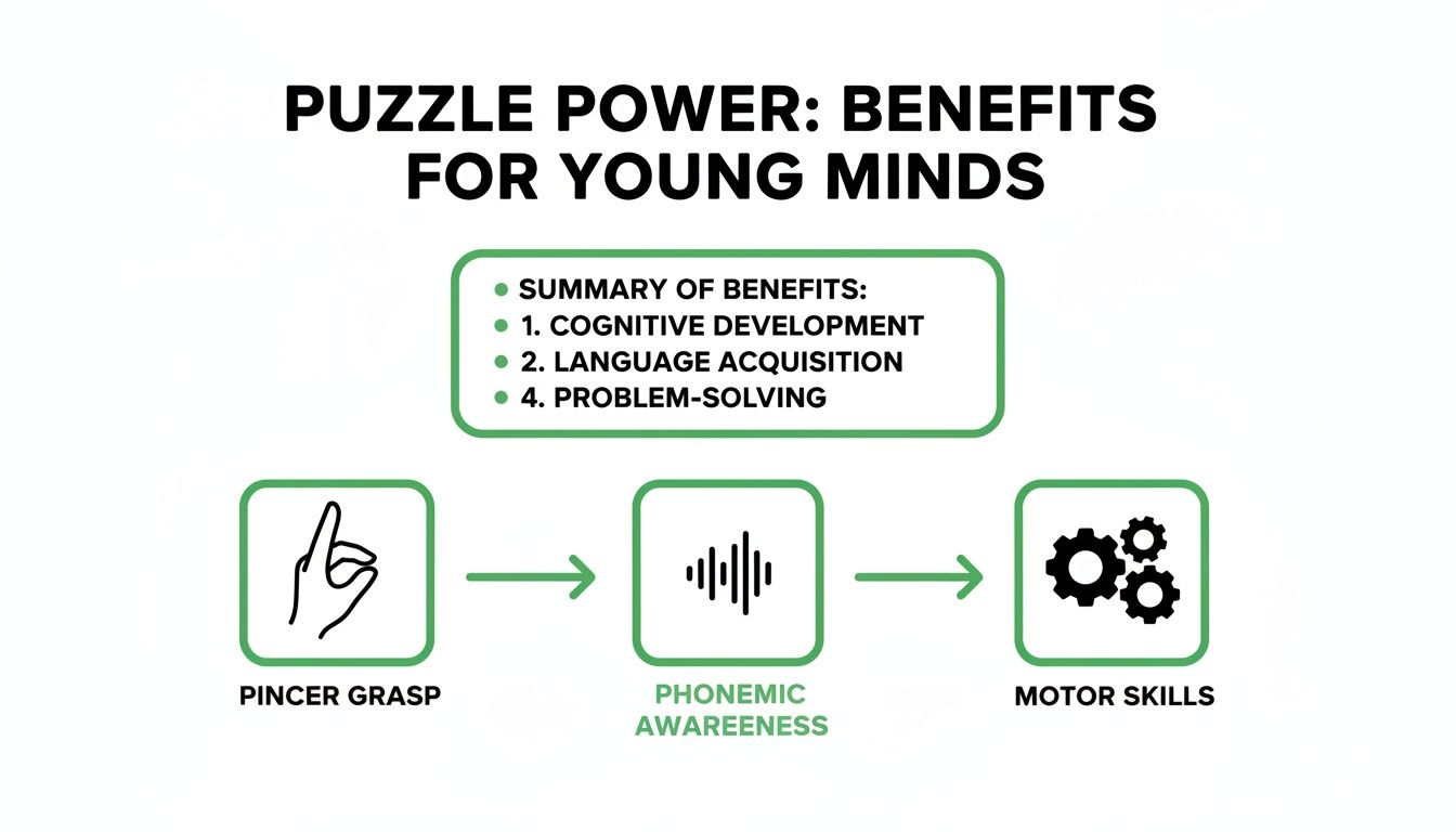 Infographic on puzzle benefits for young minds, detailing cognitive, language, and motor skill development.