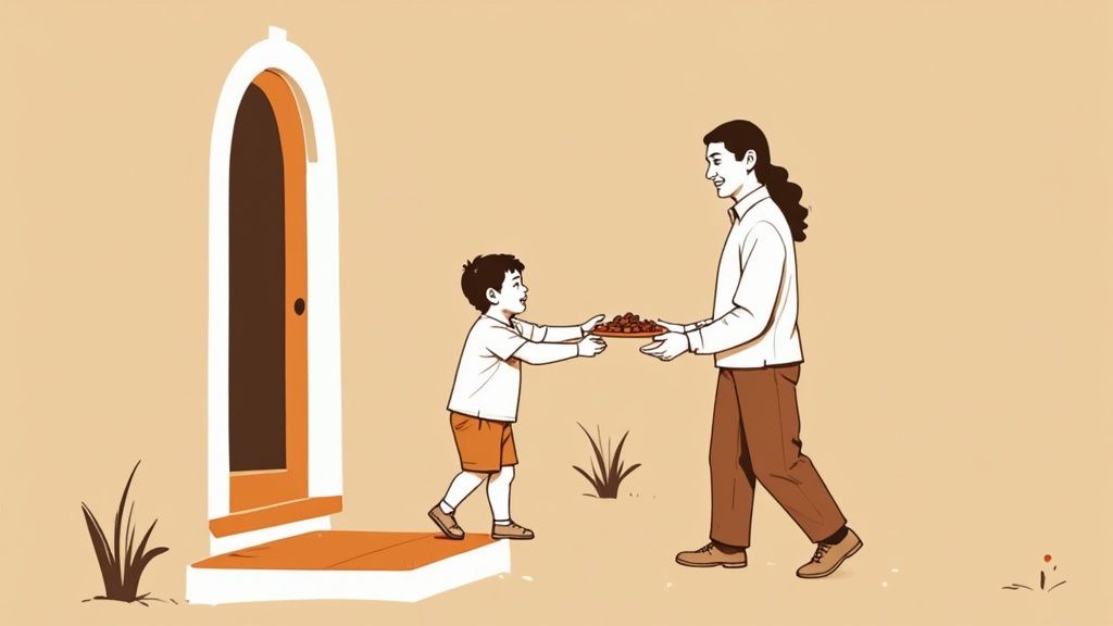 A young boy offers a plate of dates to an adult man at a doorway.