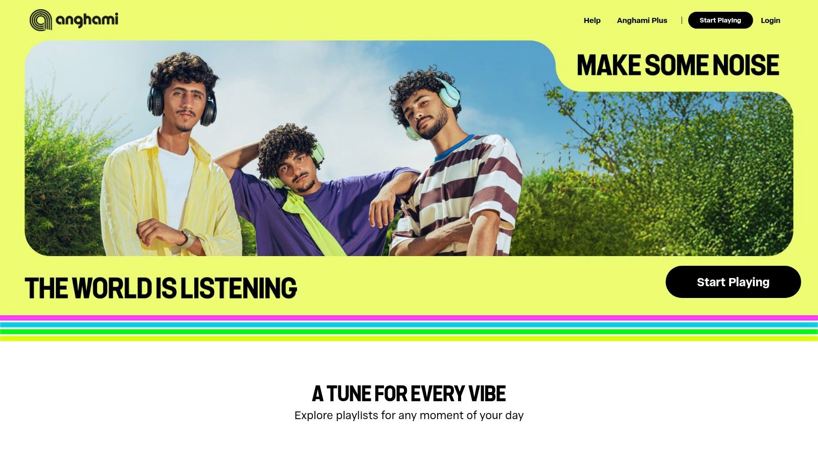 Anghami interface showing kids' playlists with cartoon characters and headphones.