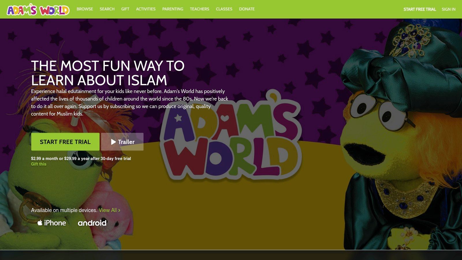 Adam's World App (Sound Vision) showing the friendly puppet characters Adam and Aneesah.