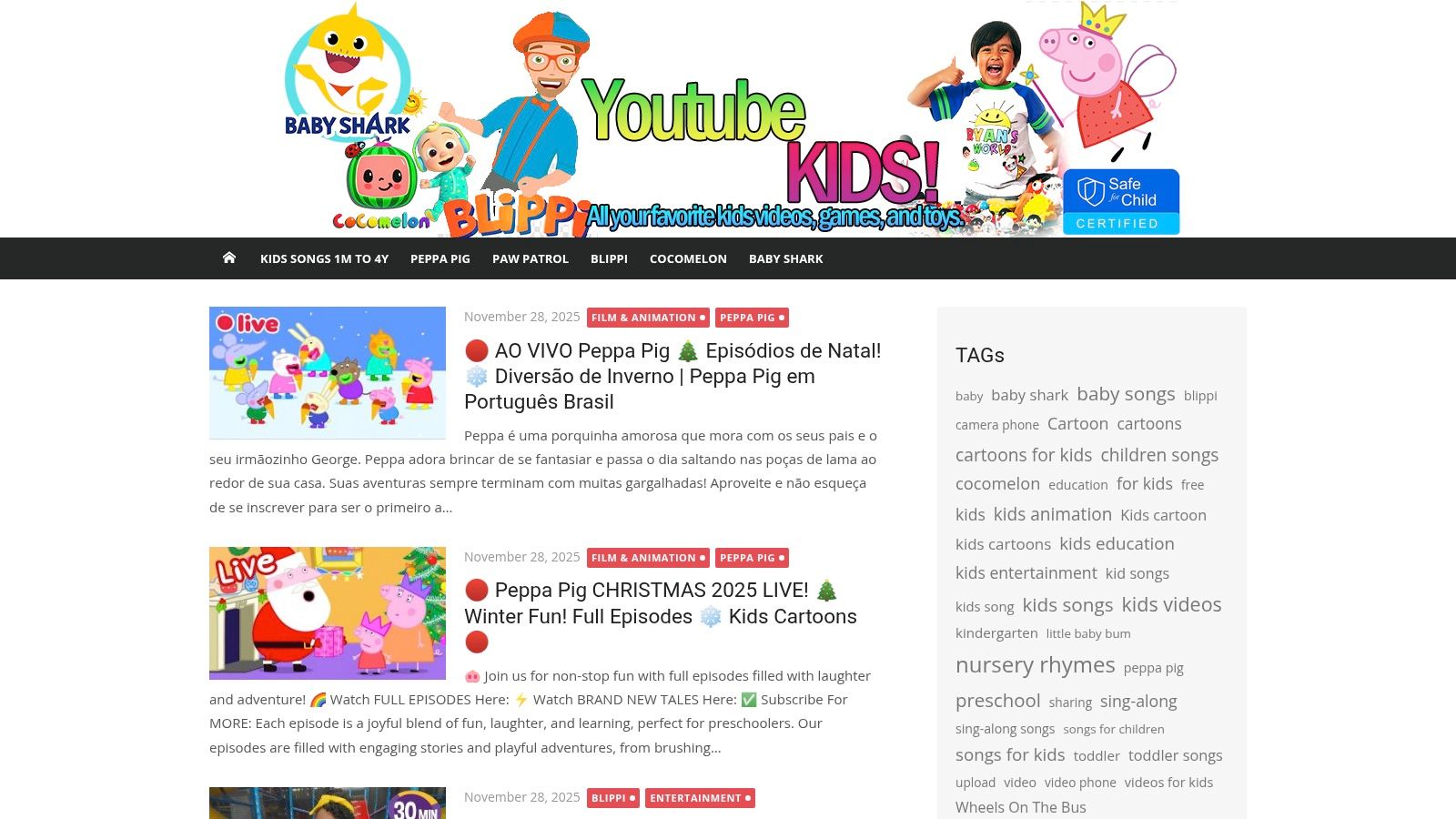 A screenshot of the YouTube Kids interface showing a selection of Arabic song videos for children.