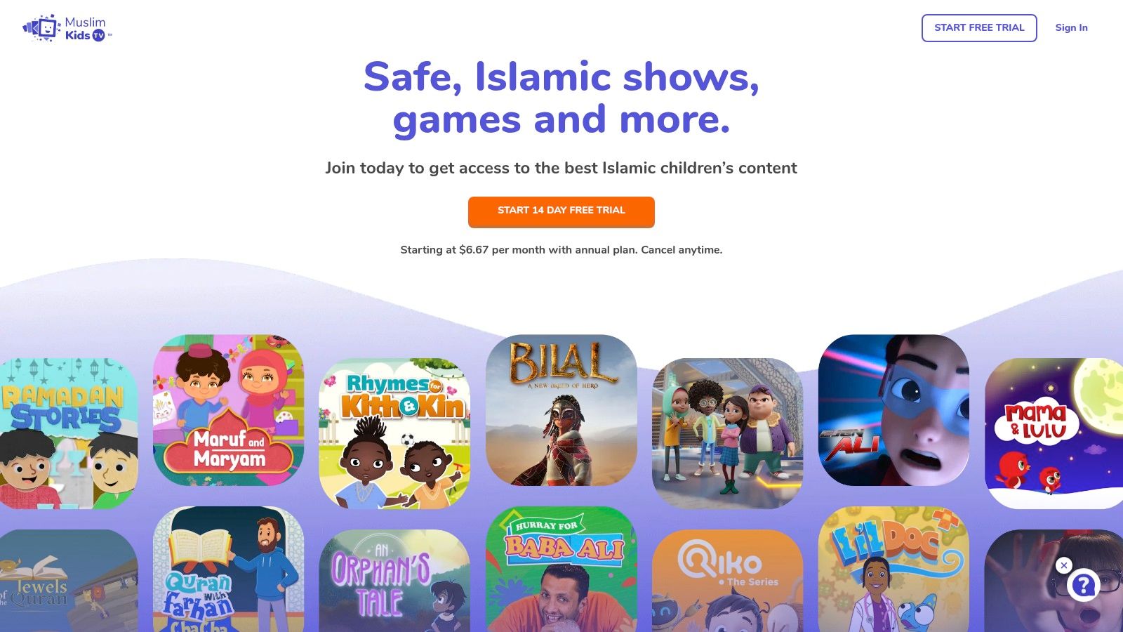 Muslim Kids TV interface showing a variety of cartoons and shows.