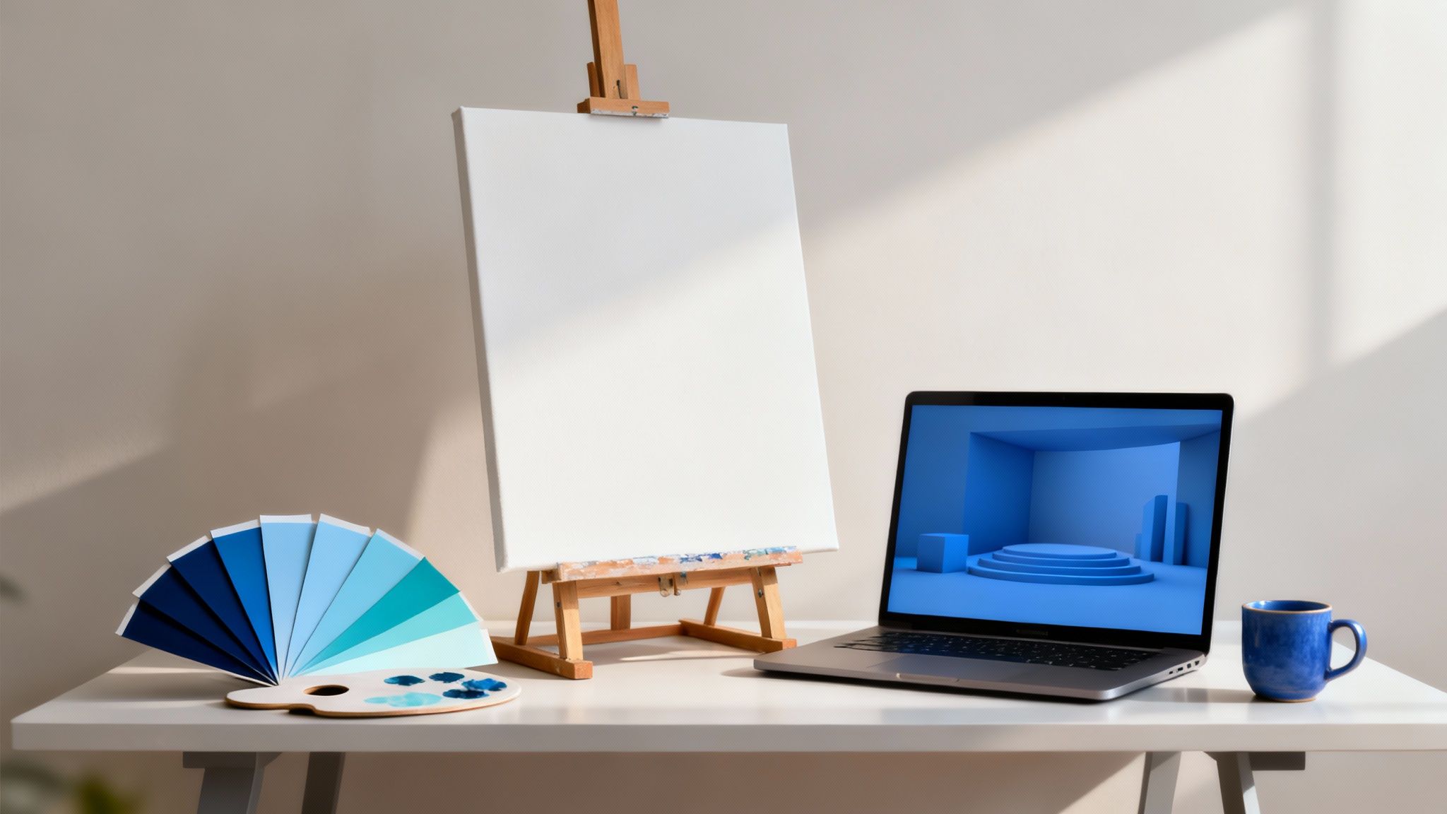 A designer's workspace featuring an easel, canvas, color swatches, paint palette, laptop with blue rendering, and a blue mug.
