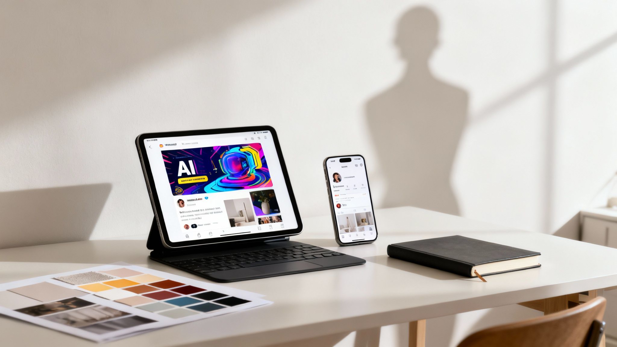 A desk with a tablet displaying an AI post, a smartphone, a notebook, and color swatches.