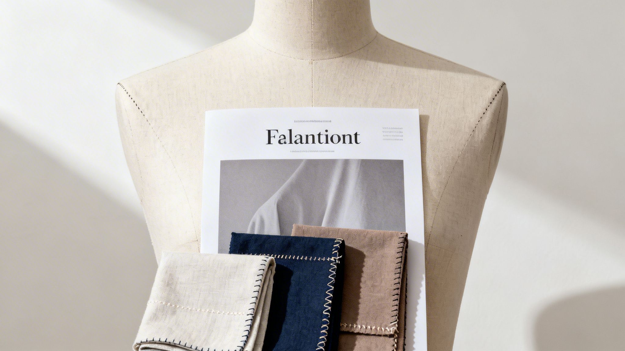 Mannequin torso holding a magazine with fabric samples in off-white, blue, and brown with decorative stitching.
