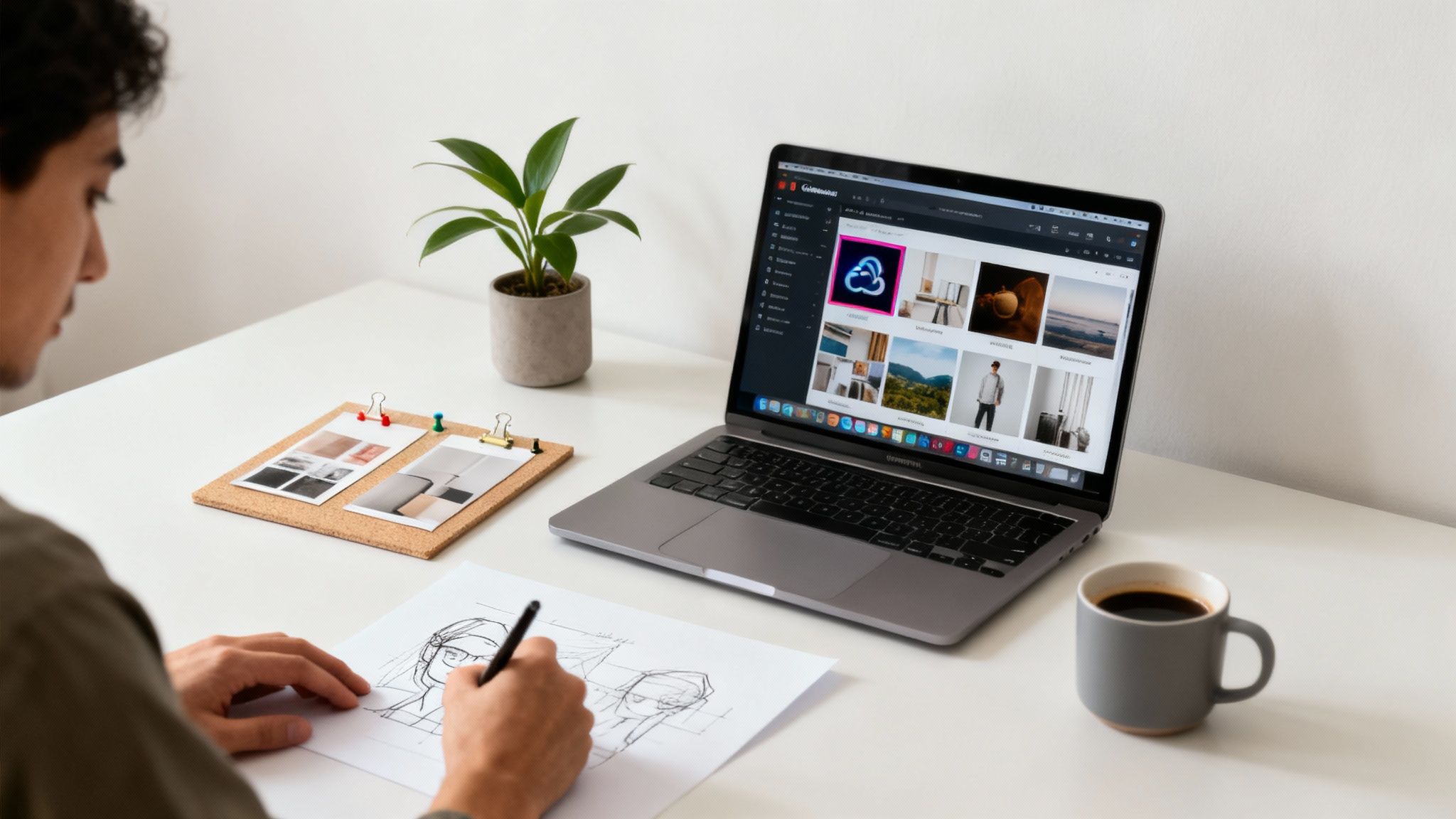 A man sketching designs at a desk with a laptop displaying creative cloud and photos.