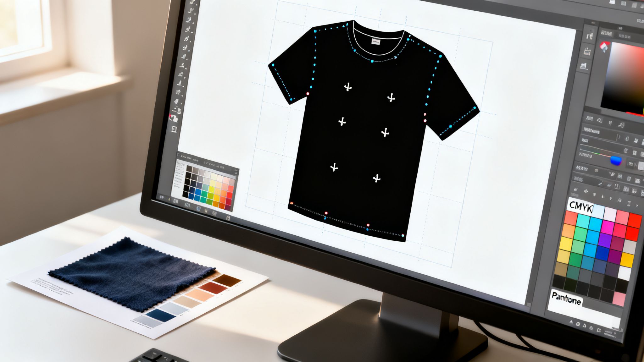 A computer monitor displays a black t-shirt design with white crosses, color palettes, and fabric swatches on a table.