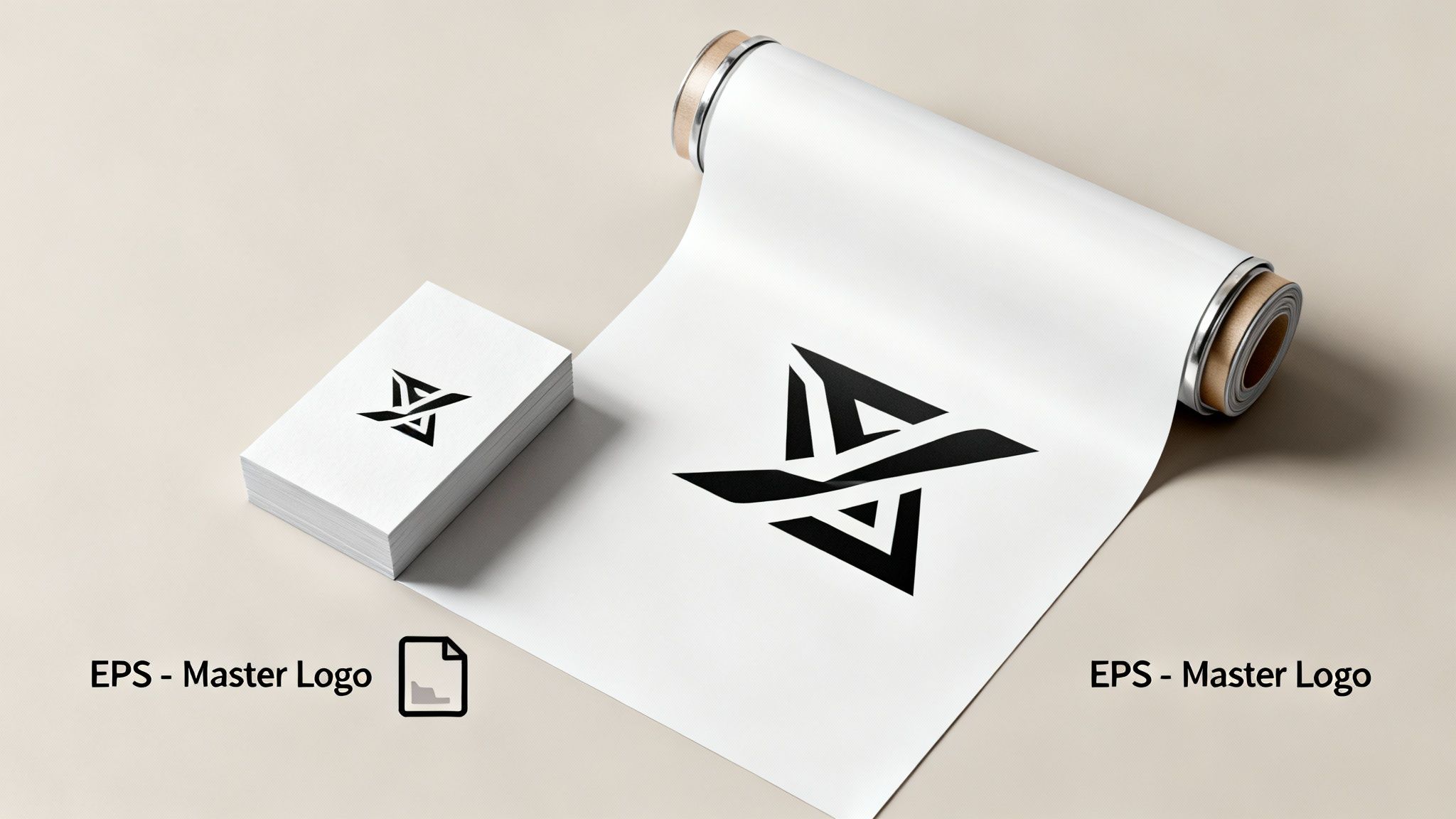 A black and white abstract logo printed on business cards and an unrolled large paper, showcasing an EPS master file.