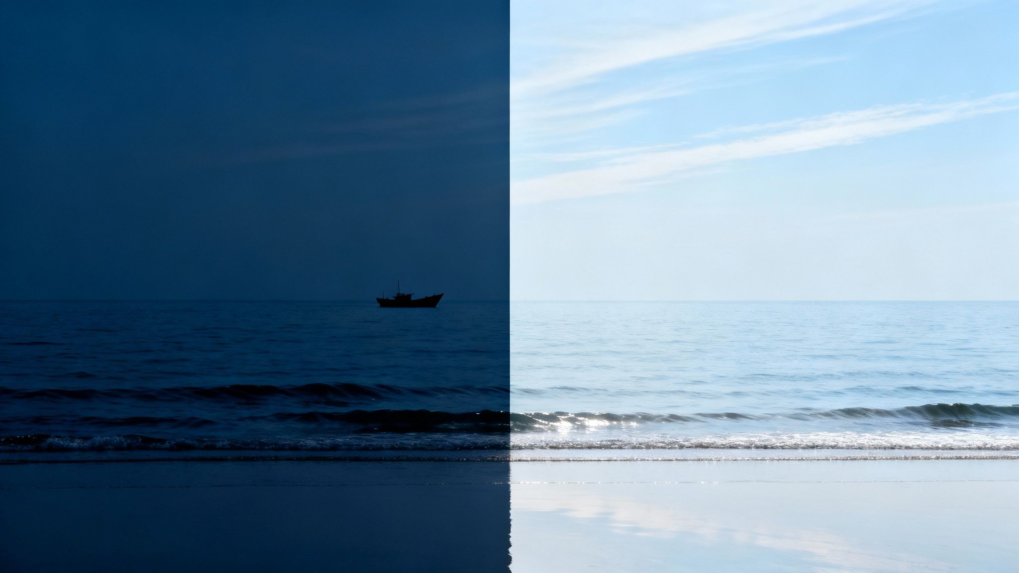 Split image of a boat on the ocean, dark blue night on the left, bright day on the right.