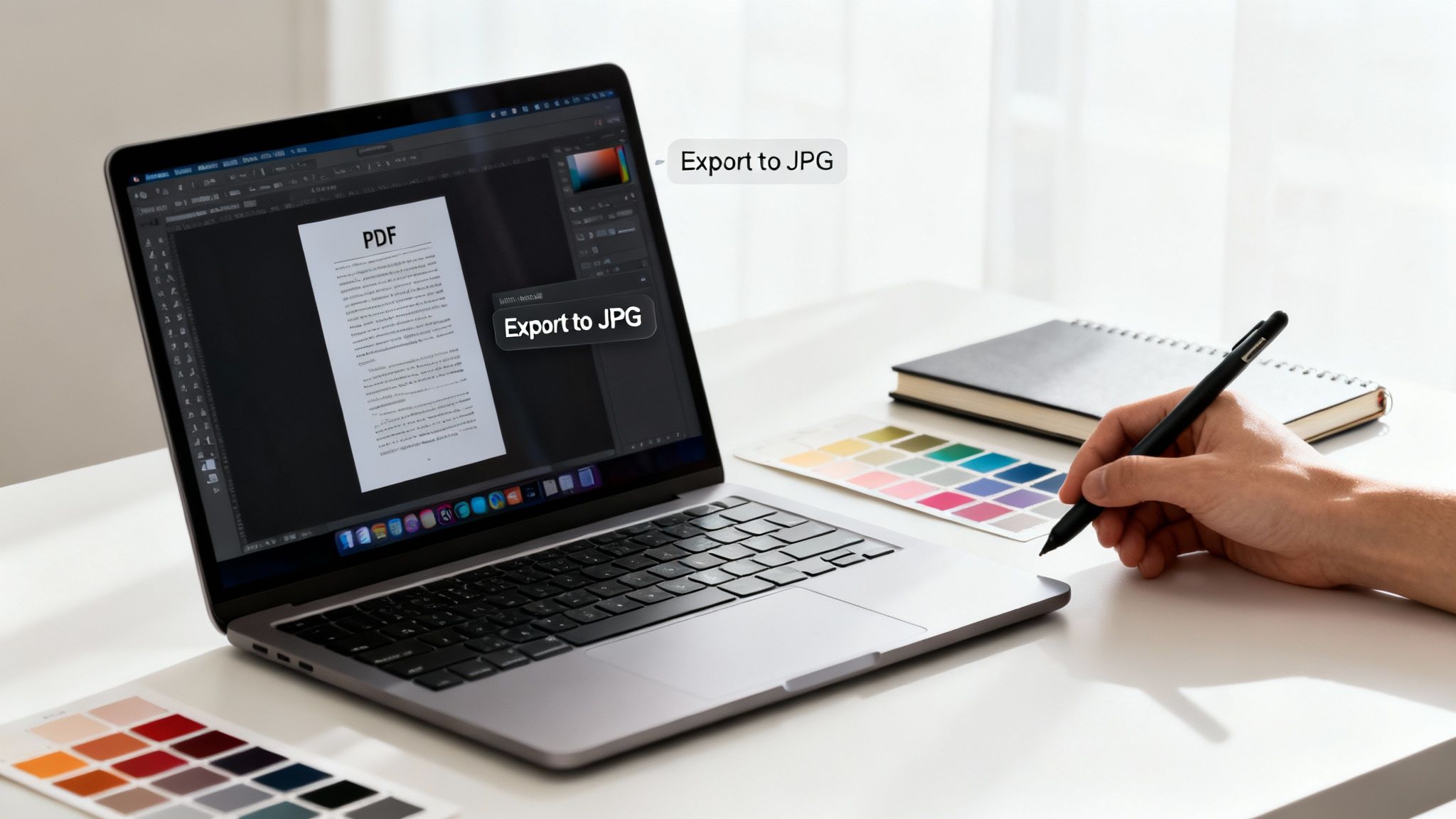 A person exports a PDF document to JPG format on a laptop, with color palettes nearby.